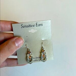 NWT Art Deco Style Silver and Orange drop Cubic Zirconia Hypoallergenic Earrings